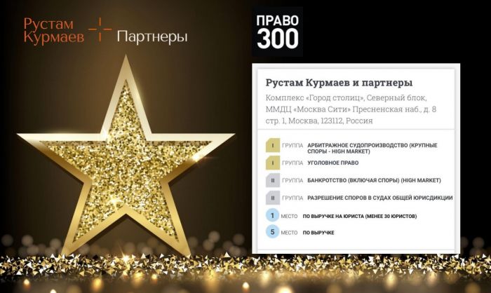 Ведущие позиции РКП среди лучших юридических фирм подтверждены российским рейтингом «Право.ru-300»